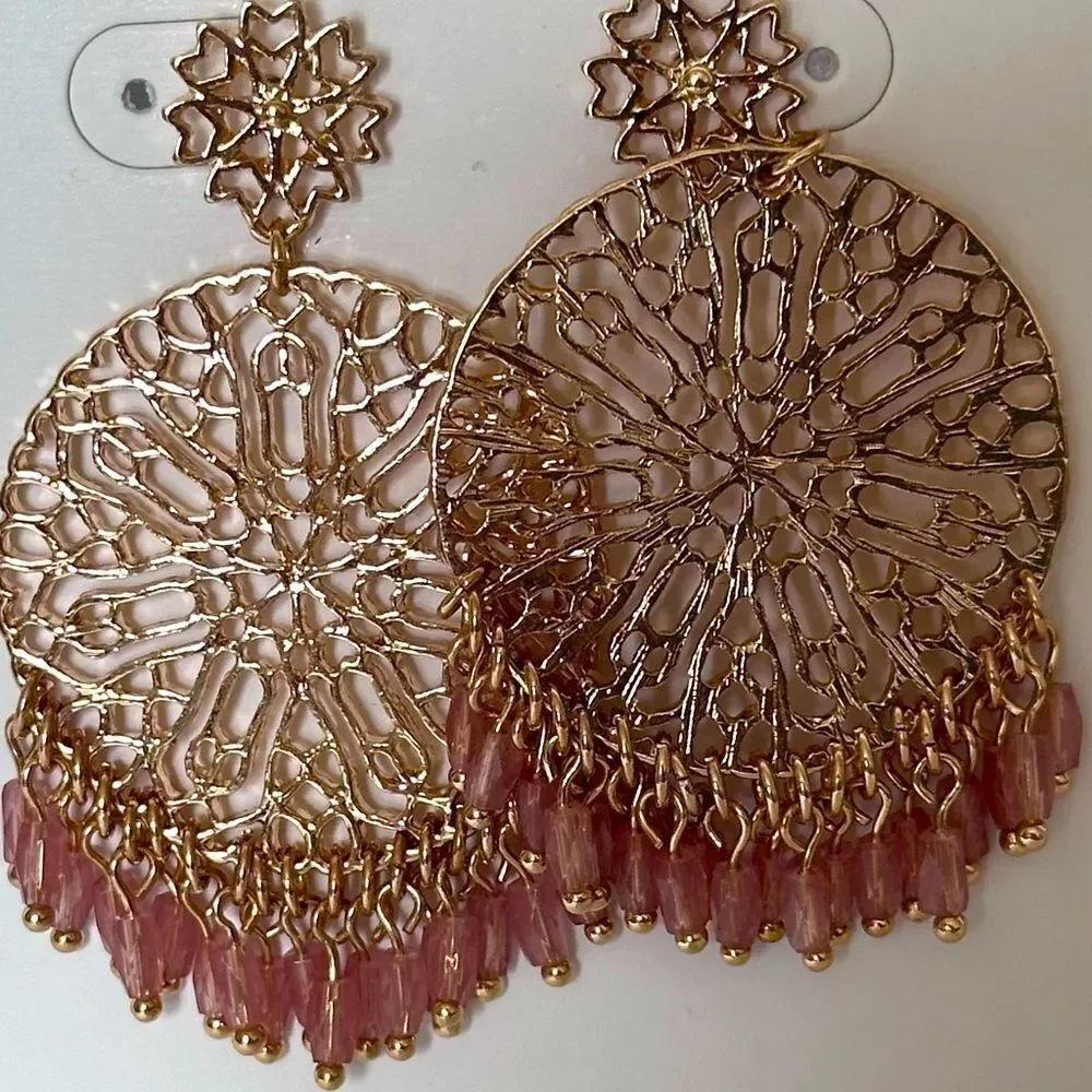 Time and Tru Gold Tone Filigree and Pink Beaded Fringe Post Pierced Earrings NWT
